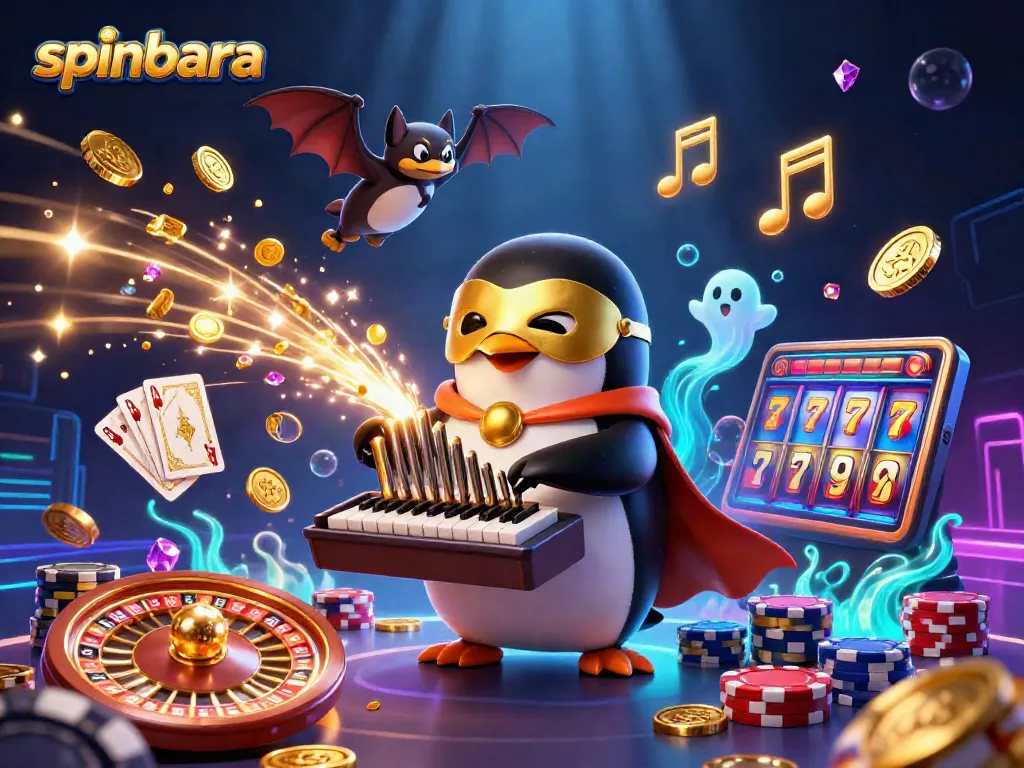 Experience spinbara with a captivating 3D scene featuring vibrant casino elements and animated characters.