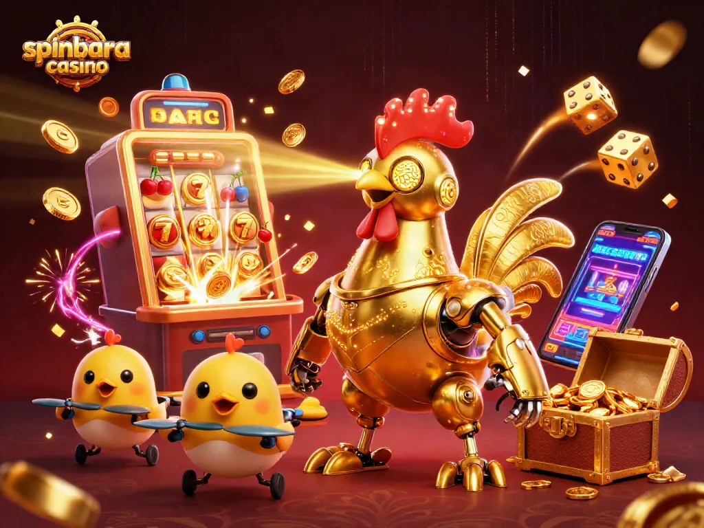 Experience excitement at spinbara casino with a dynamic 3D scene featuring a golden rooster robot and thrilling casino elements.