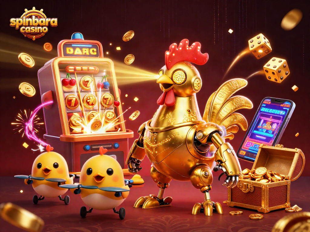 Experience excitement at spinbara casino with a dynamic 3D scene featuring a golden rooster robot and thrilling casino elements.