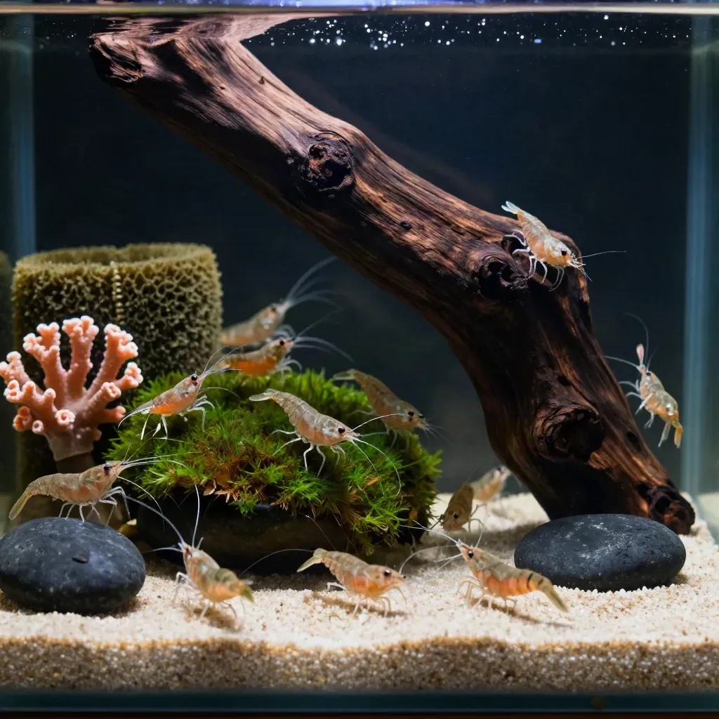 Gambas cherry nadando entre musgo de Java, tronco y piedras negras en un acuario plantado.