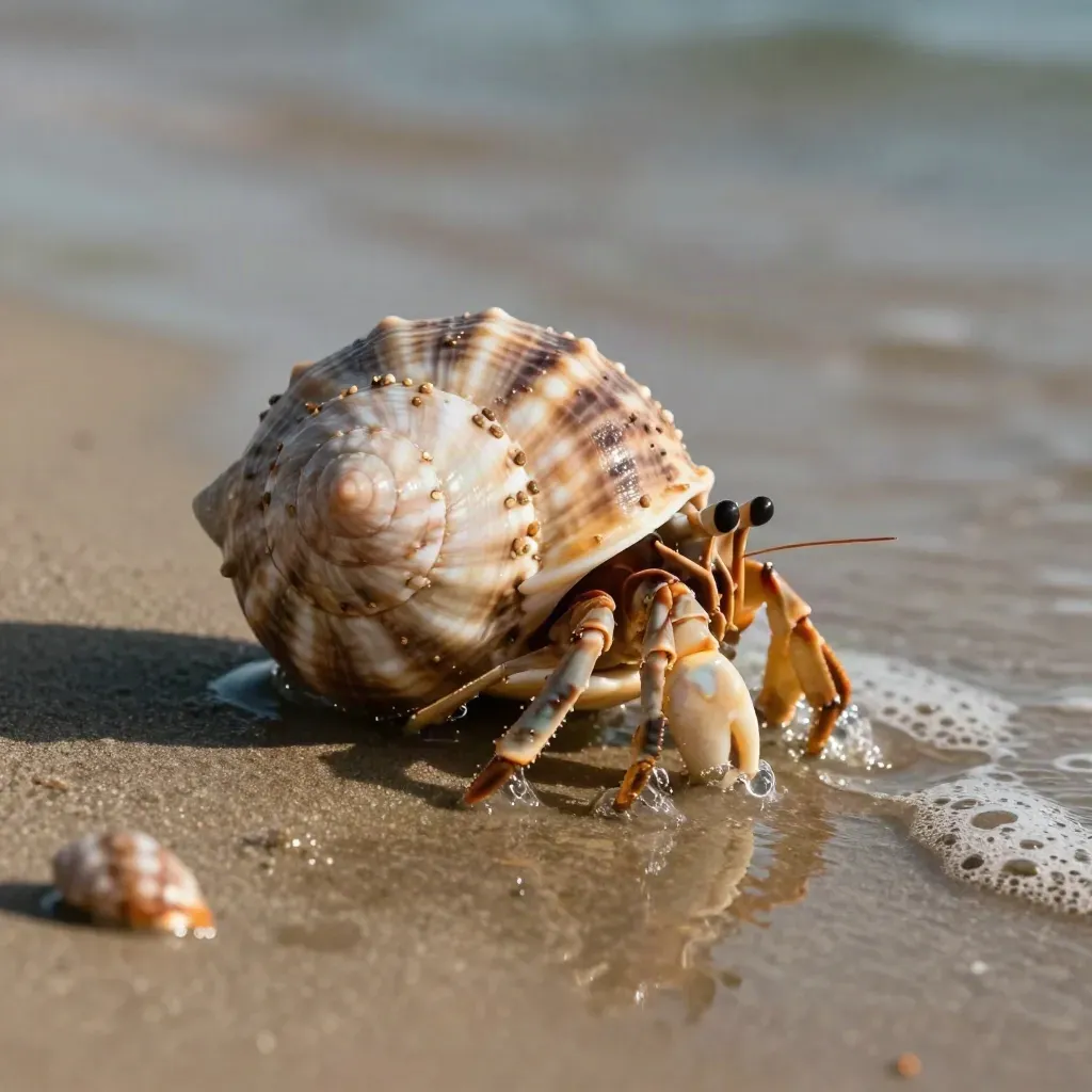 Cangrejo ermitaño cruzando arena mojada con concha prestada y espuma baja.