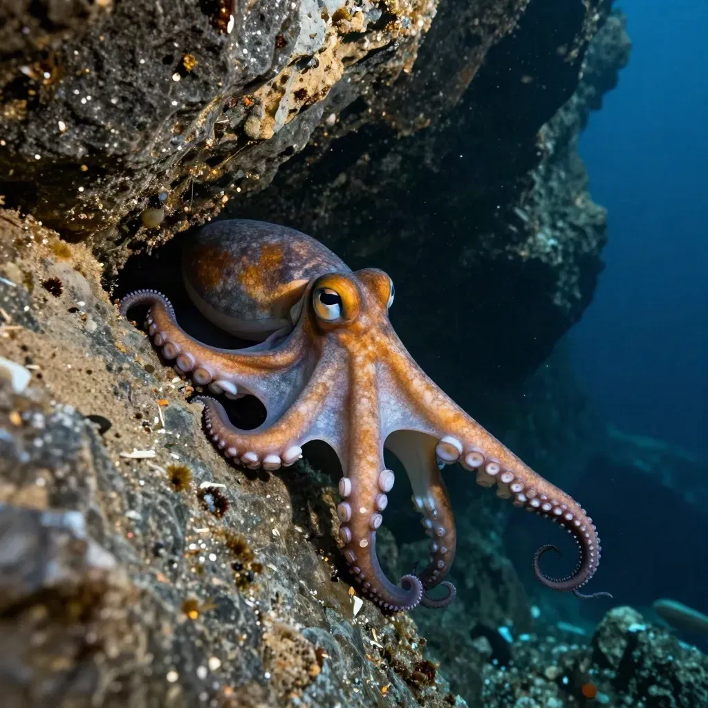 Pulpo común asomando de una grieta en una poza, con agua oscura y roca húmeda.