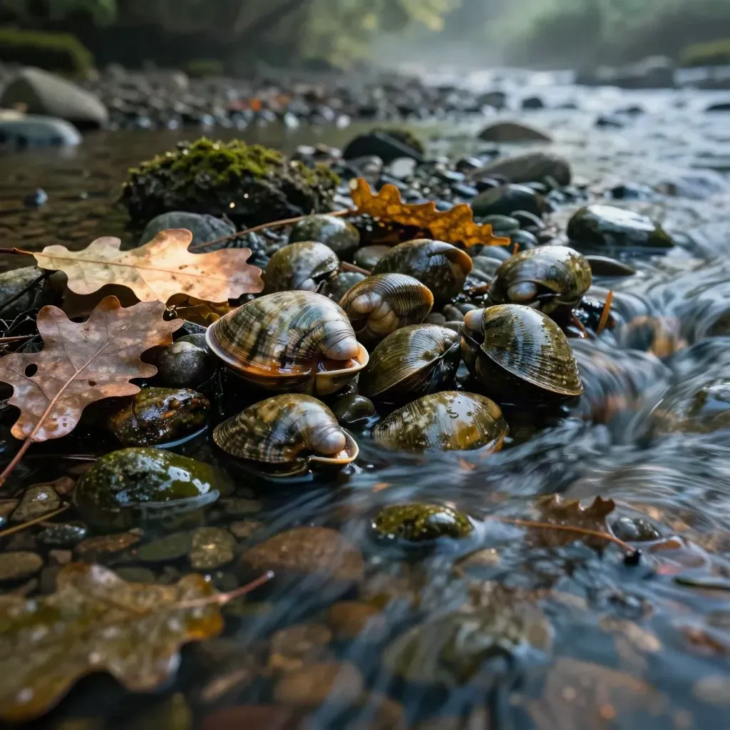 Moluscos de río entre cantos rodados y hojas hundidas bajo agua verde oscura y luz rasante.