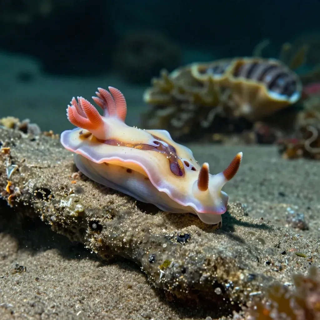 Nudibranquio de colores vivos sobre una esponja marina con branquias desplegadas.