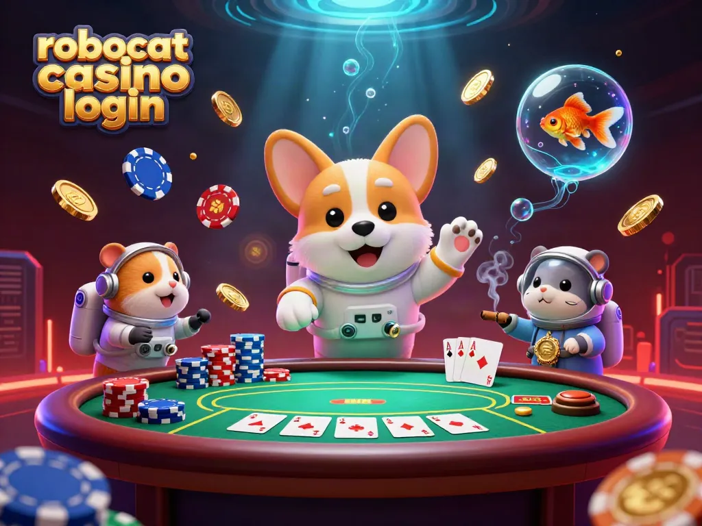 Experience robocat casino login with a dynamic scene of unique characters in a 3D casino setting