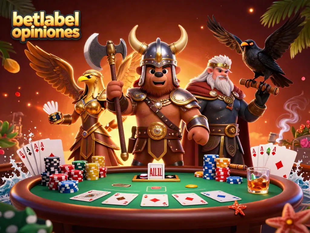 Engage with betlabel opiniones showcasing a dynamic poker scene featuring a Viking bear and Valkyrie eagle.