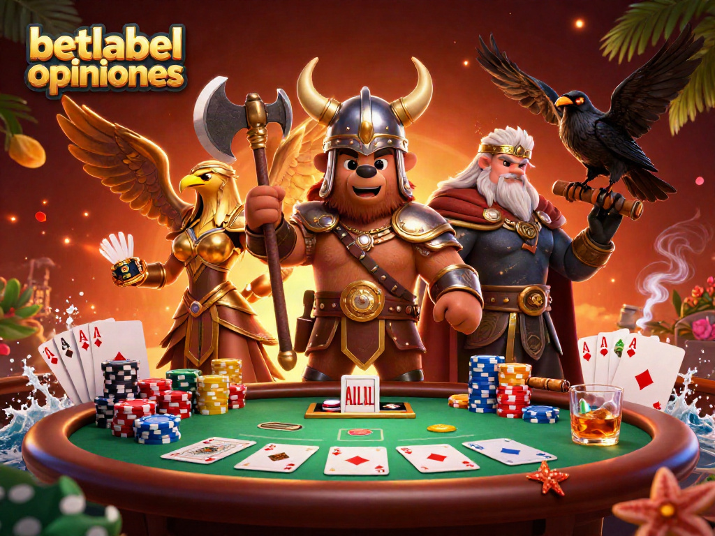 Engage with betlabel opiniones showcasing a dynamic poker scene featuring a Viking bear and Valkyrie eagle.